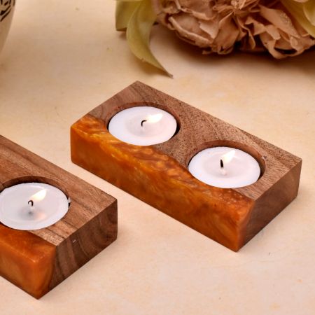 Candle Holder for Tea Light made of Wood and Orange Epoxy Resin - 2 Piece